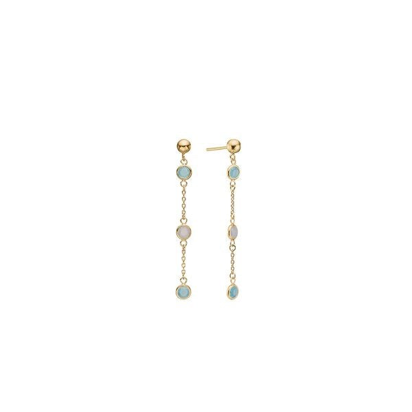 Aagaard øreringe i 8 karat guld med pink og blå agater, 4,5 cm – elegante kædeøreringe.